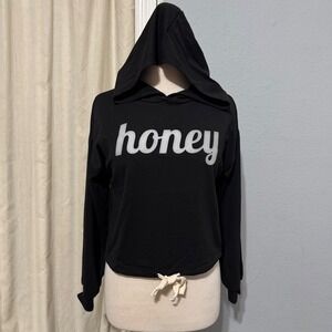 January 7 Made in USA Black Honey Graphic Cropped Hoodie Cinch Waist Size L